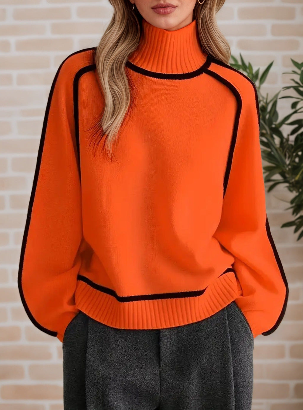 Damen Pullover mit hohem Kragen und Volumenärmeln WW