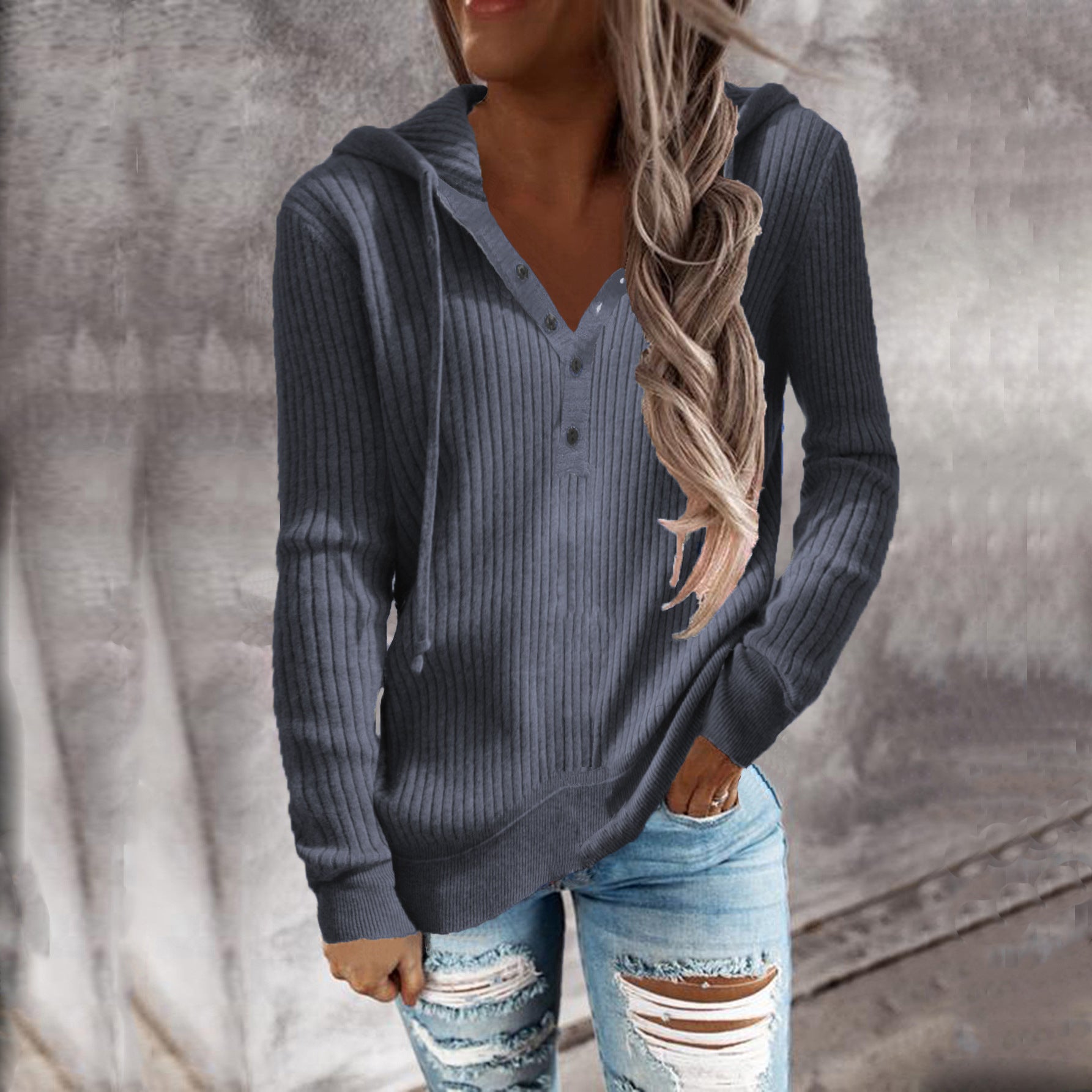 Damen Kapuzenpullover mit feinem Rippstrick und Knopfleiste WW