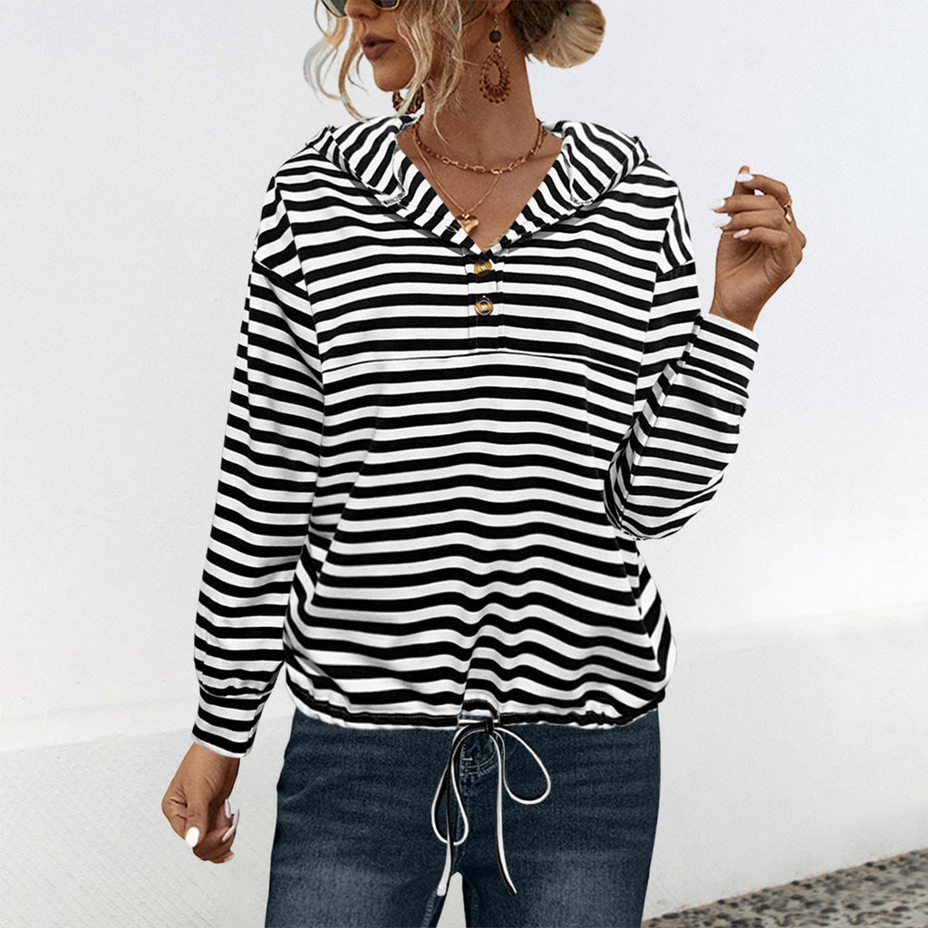 Damen lässiger Kapuzenpullover mit Streifenmuster und verstellbarem Tunnelzug WW