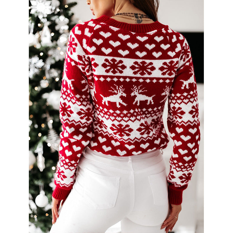 Damen Strickpullover mit weihnachtlichem Muster und Rundhalsausschnitt WW
