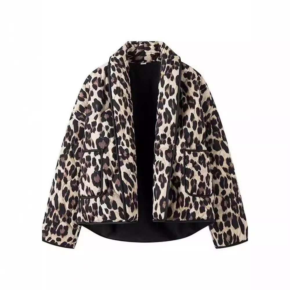 Damen modische Jaquardjacke im trendigen Leopardenlook mit praktischen Taschen WW