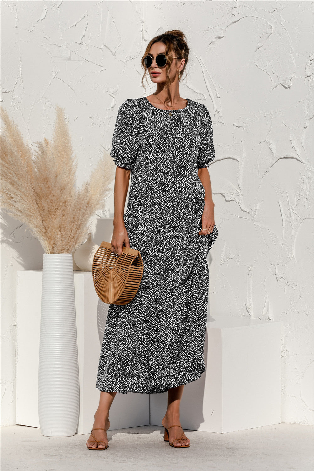Damen Maxikleid mit Karomuster und voluminösen Puffärmeln WW