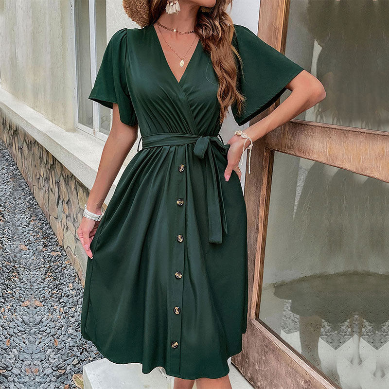 Damen Midi-Kleid mit eleganter Wickeloptik und praktischen Knopfdetails WW