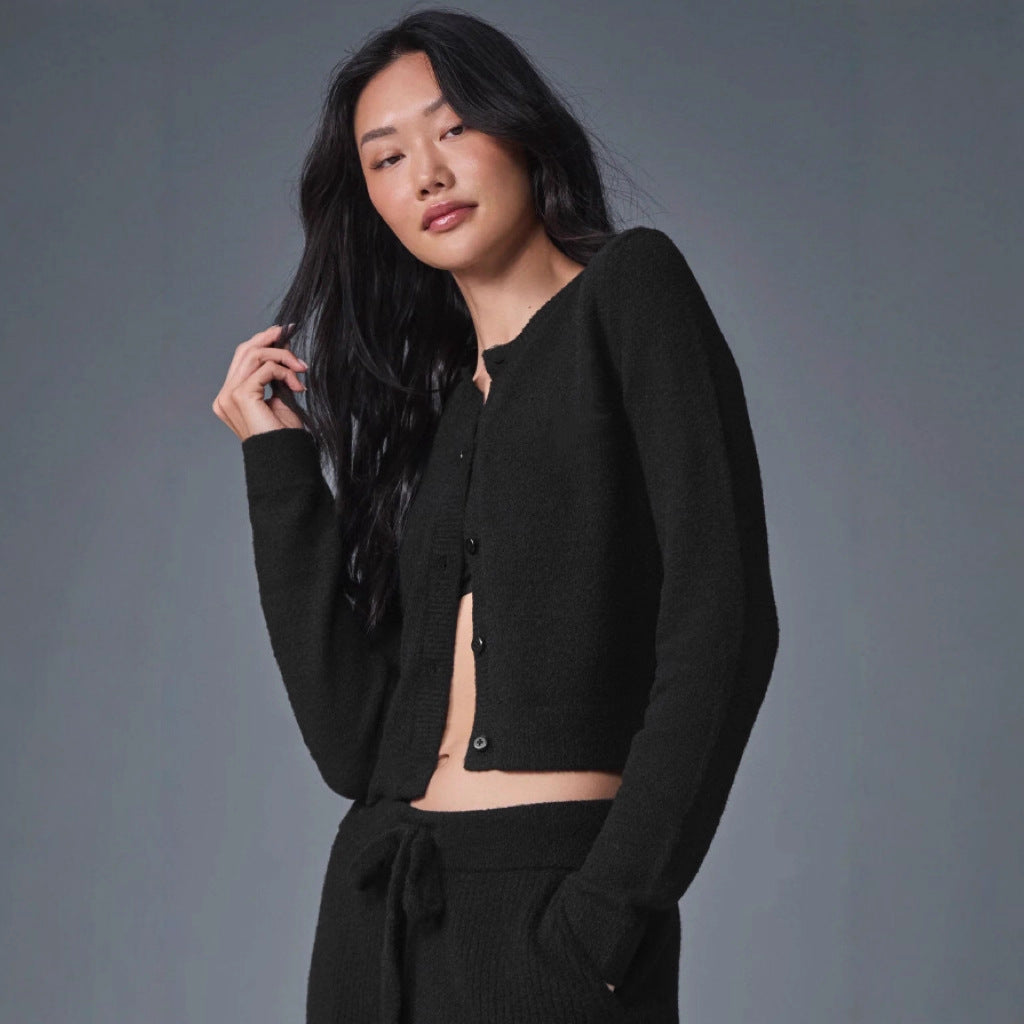 Damen kuscheliger cropped Cardigan mit Knopfleiste und langen Ärmeln WW