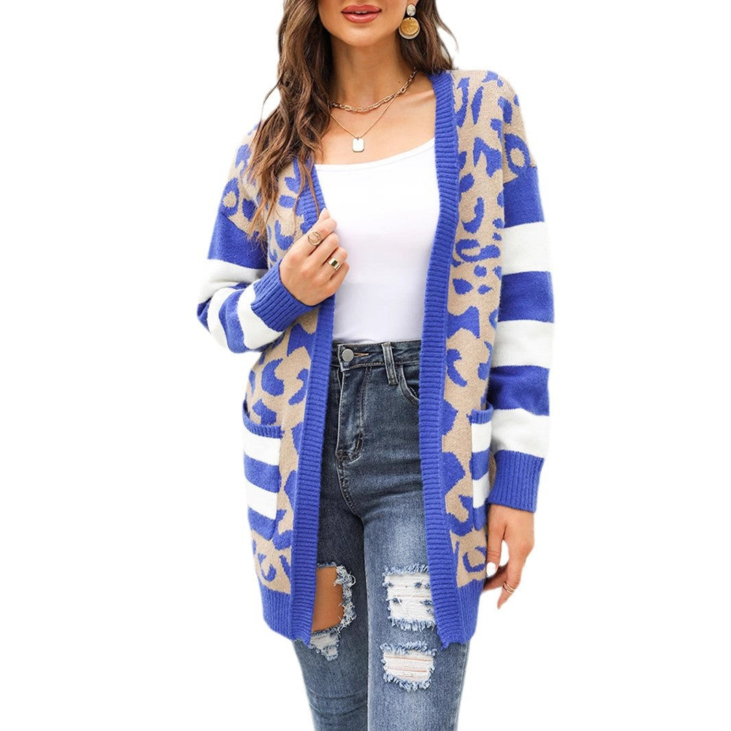 Damen lässige Strickjacke mit leopardenmuster und modernen Streifen WW