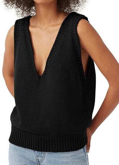 Damen lässiger Strickpullover ohne Ärmel mit tiefem V-Ausschnitt WW