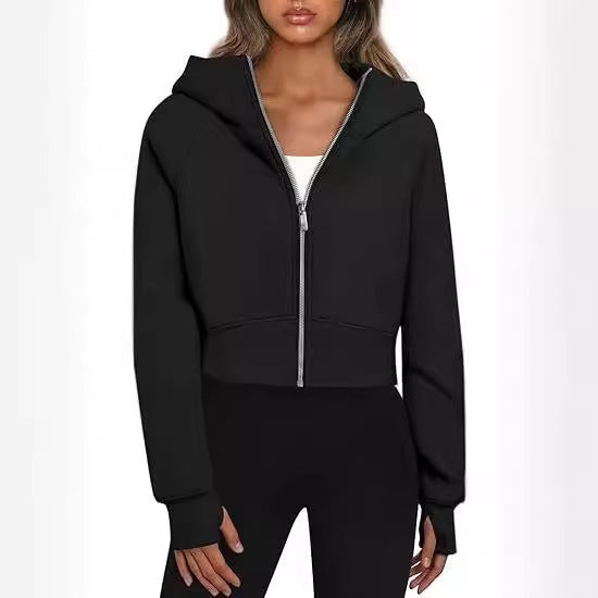 Damen cropped Kapuzenpullover mit Reißverschluss und elastischem Bund WW
