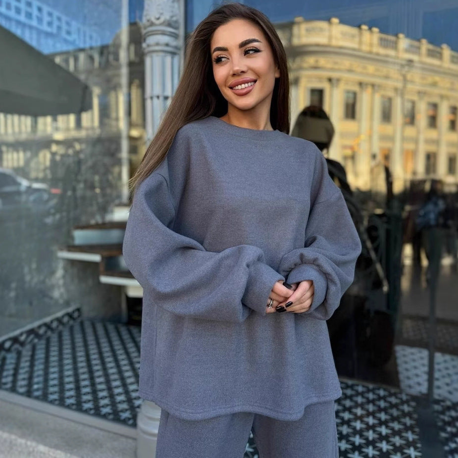 Damen lässiges Fleece-Loungewear-Set mit weichem Oversized-Pullover und bequemen Hosen WW