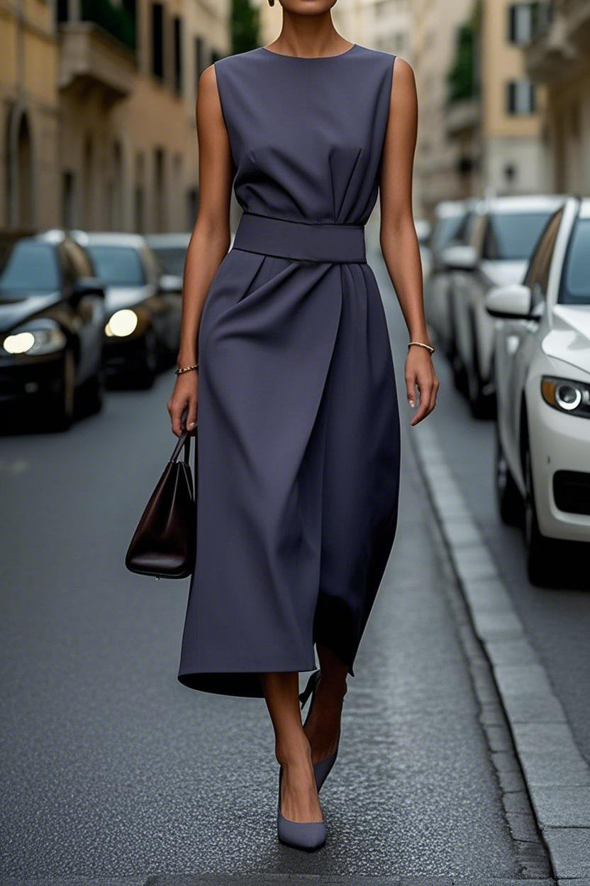 Damen gehobenes Maxi-Kleid mit elegantem Taillengürtel und fließendem Schnitt WW