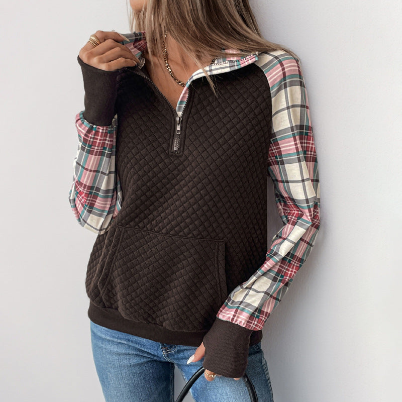Damen lässiger Fleece-Pullover mit Karomuster und praktischen Kängurutaschen WW