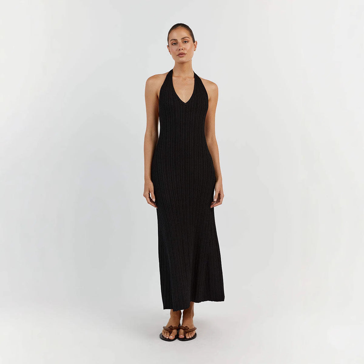 Damen Maxikleid mit raffiniertem Rippdesign und elegantem V-Ausschnitt WW