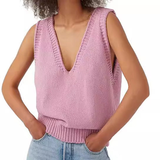 Damen Stricktop mit tiefem V-Ausschnitt und strukturiertem Abschluss WW