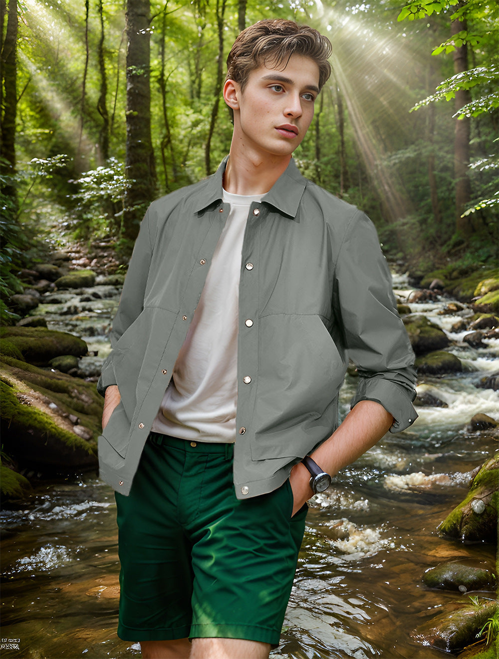 Herren multifunktionale Sommerjacke mit Druckknopfverschluss und atmungsaktiven Einsätzen WW
