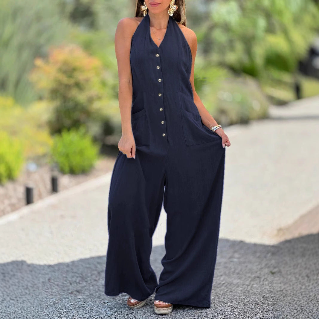 Damen Weit geschnittener Jumpsuit mit Knopfleiste und praktischen Taschen WW