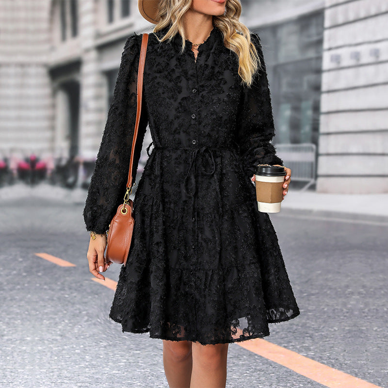 Damen Kleid im romantischen Boho-Stil mit Knopfverschluss und Bindegürtel WW