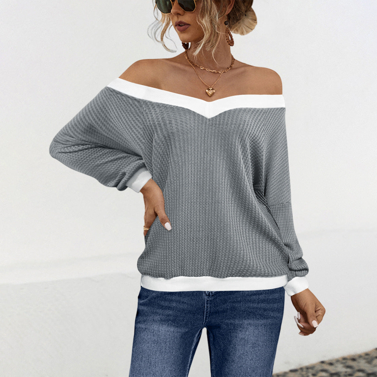 Damen Off-Shoulder Strickpullover mit Wabenstruktur WW