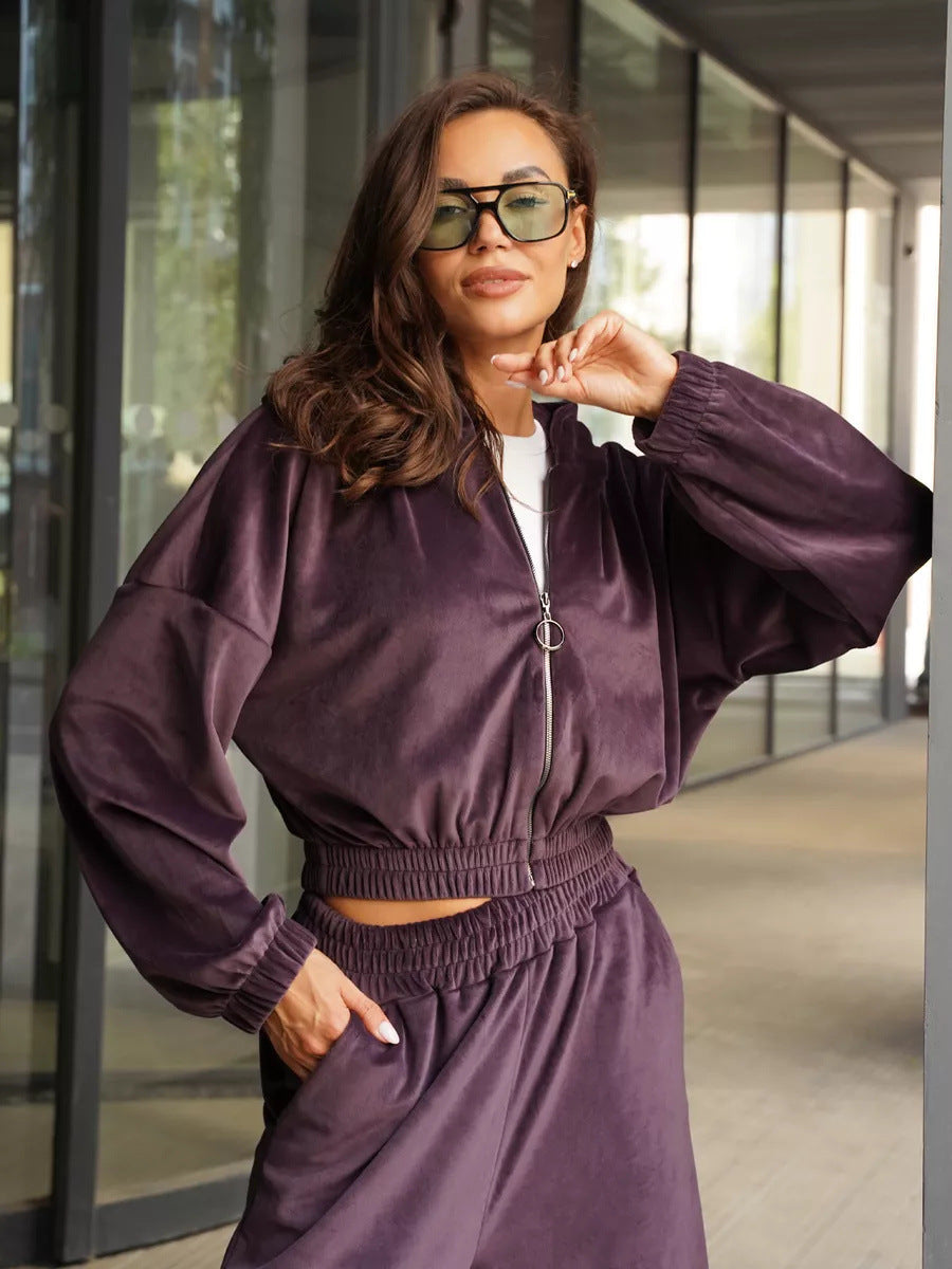 Damen sportliches Fleece Ensemble mit modernem Reißverschluss und elastischem Bund WW