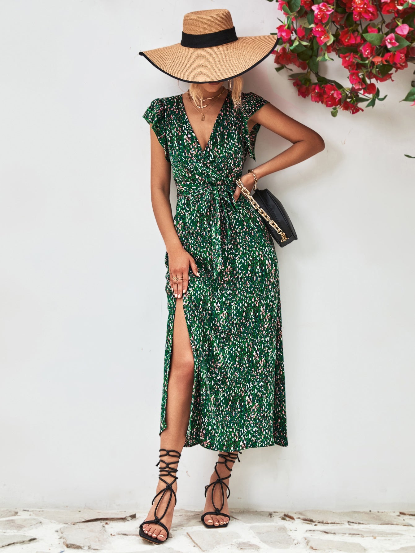 Damen Maxikleid mit eleganten Rüschendetails und hohem Schlitz WW