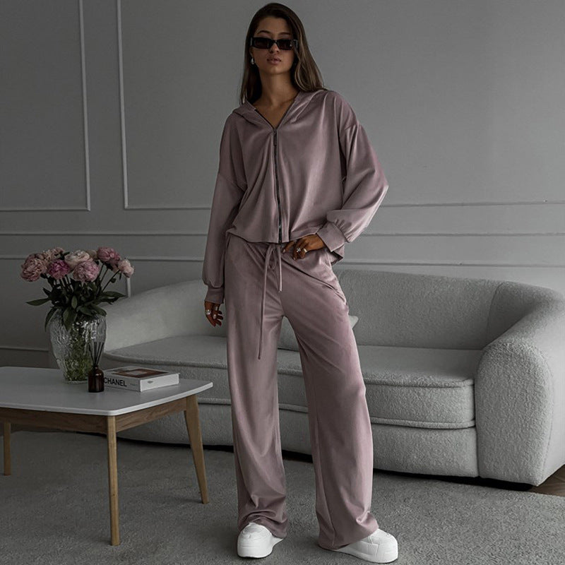 Damen sportliches Fleece-Jogginganzug mit Kapuze und weitem Schnitt WW