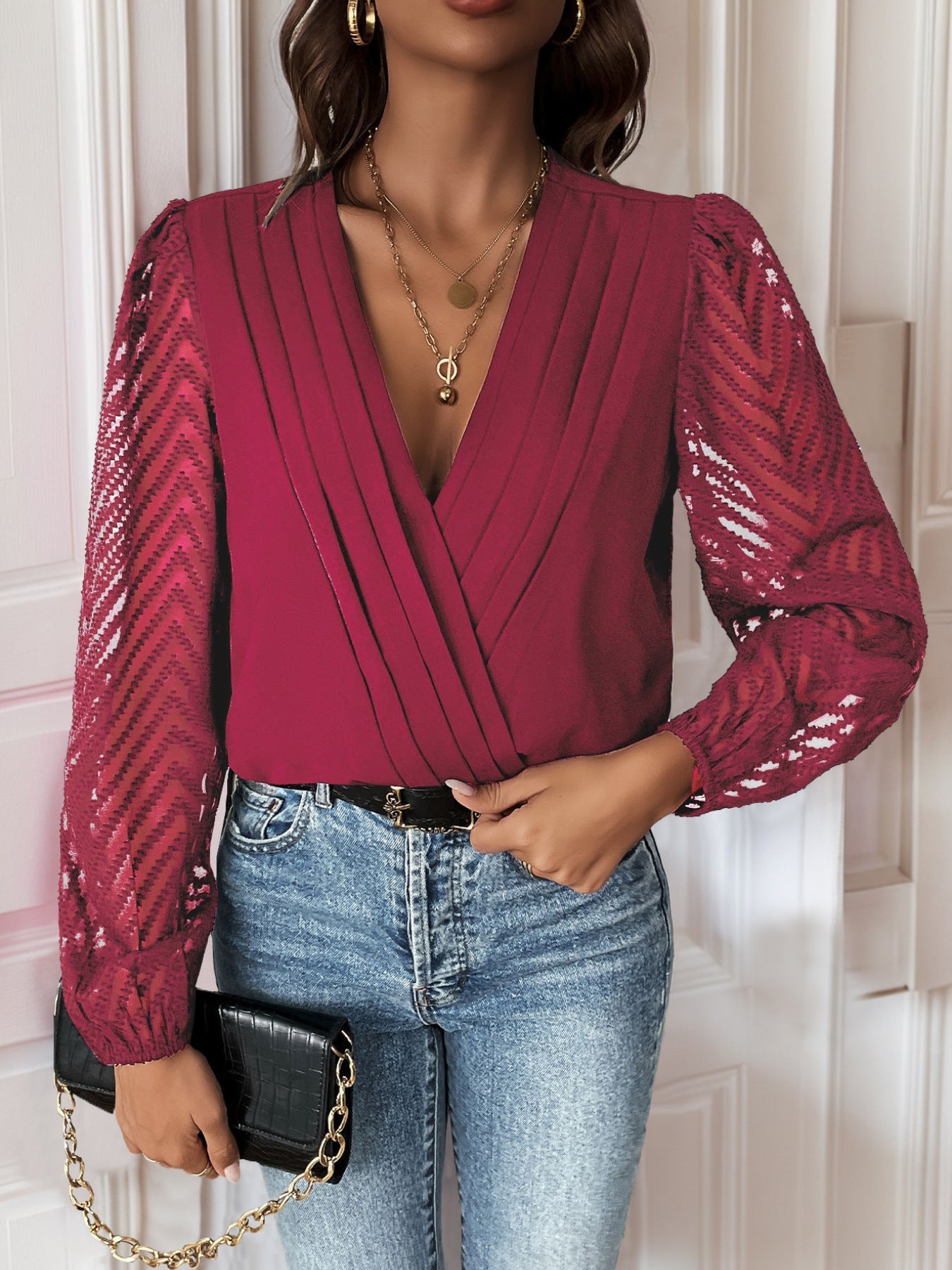 Damen elegantes Body mit voluminösen Ärmel und tiefem V-Ausschnitt WW