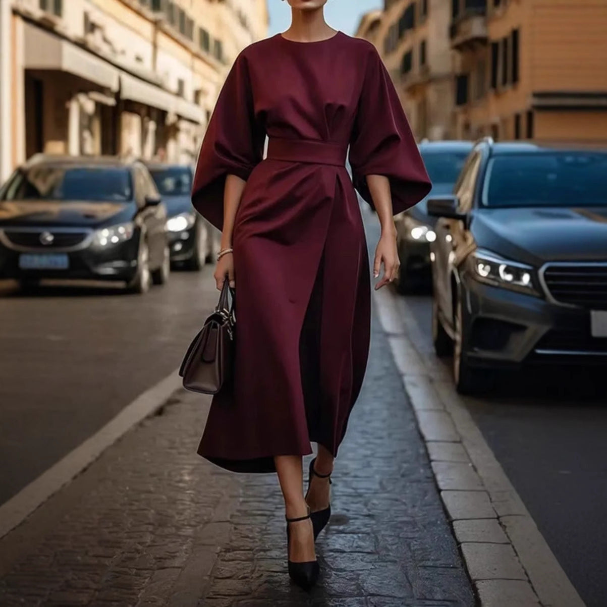 Damen modernes Maxikleid mit voluminösen Ärmeln und Taillengürtel WW