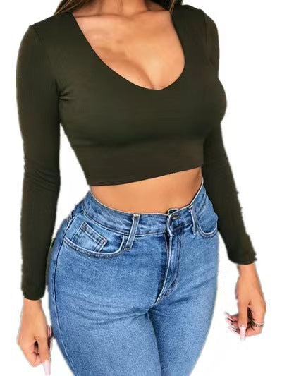 Damen modisches Crop-Top mit tiefem V-Ausschnitt und langen Ärmeln WW