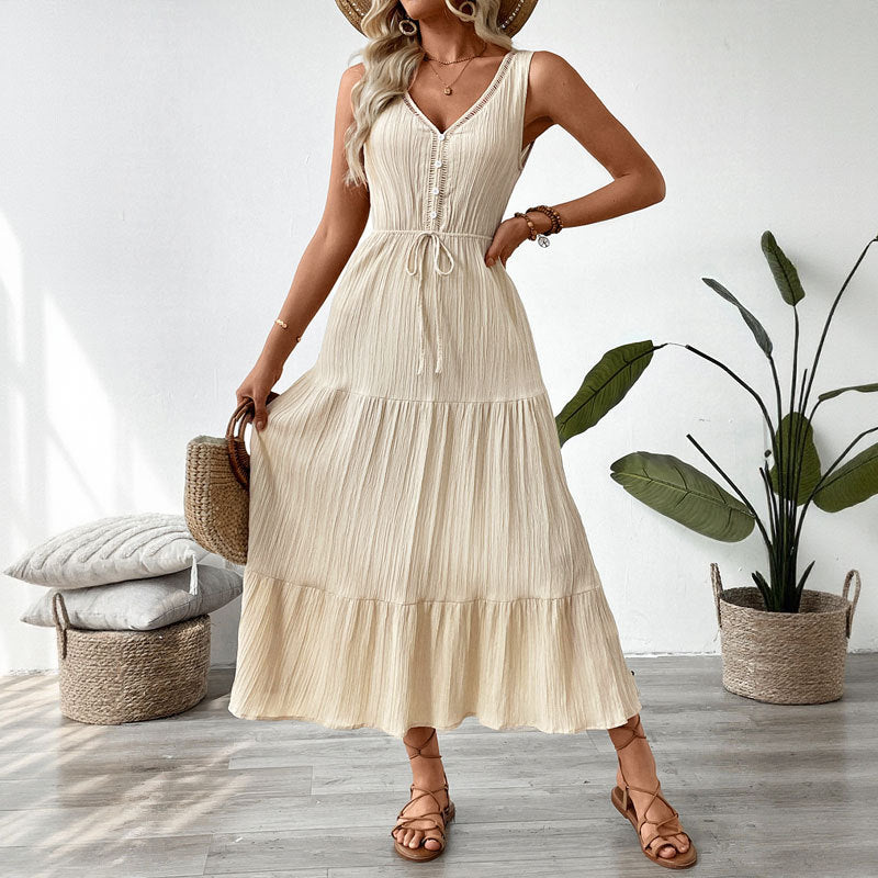 Damen Maxikleid mit V-Ausschnitt und elastischem Taillenzug WW