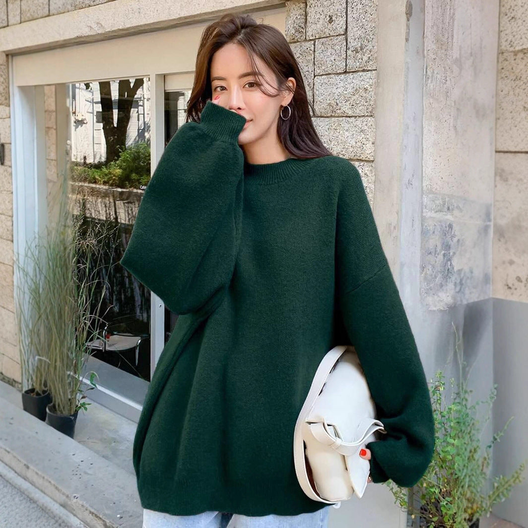 Damen oversized Strickpullover mit Rundhalsausschnitt und breiten Ärmeln WW