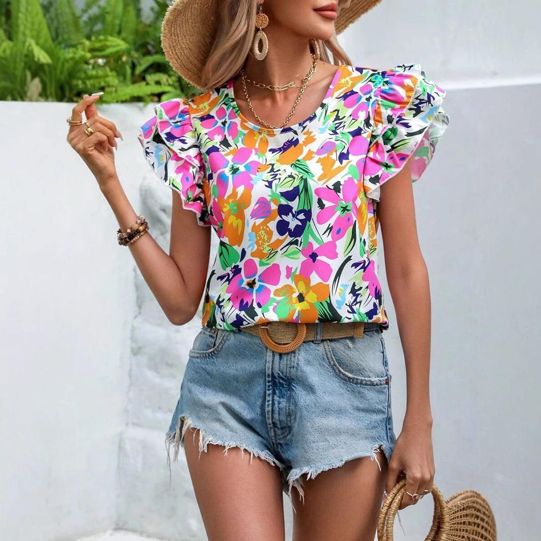 Damen modisches T-Shirt mit Rüschendetails und floralem Muster WW