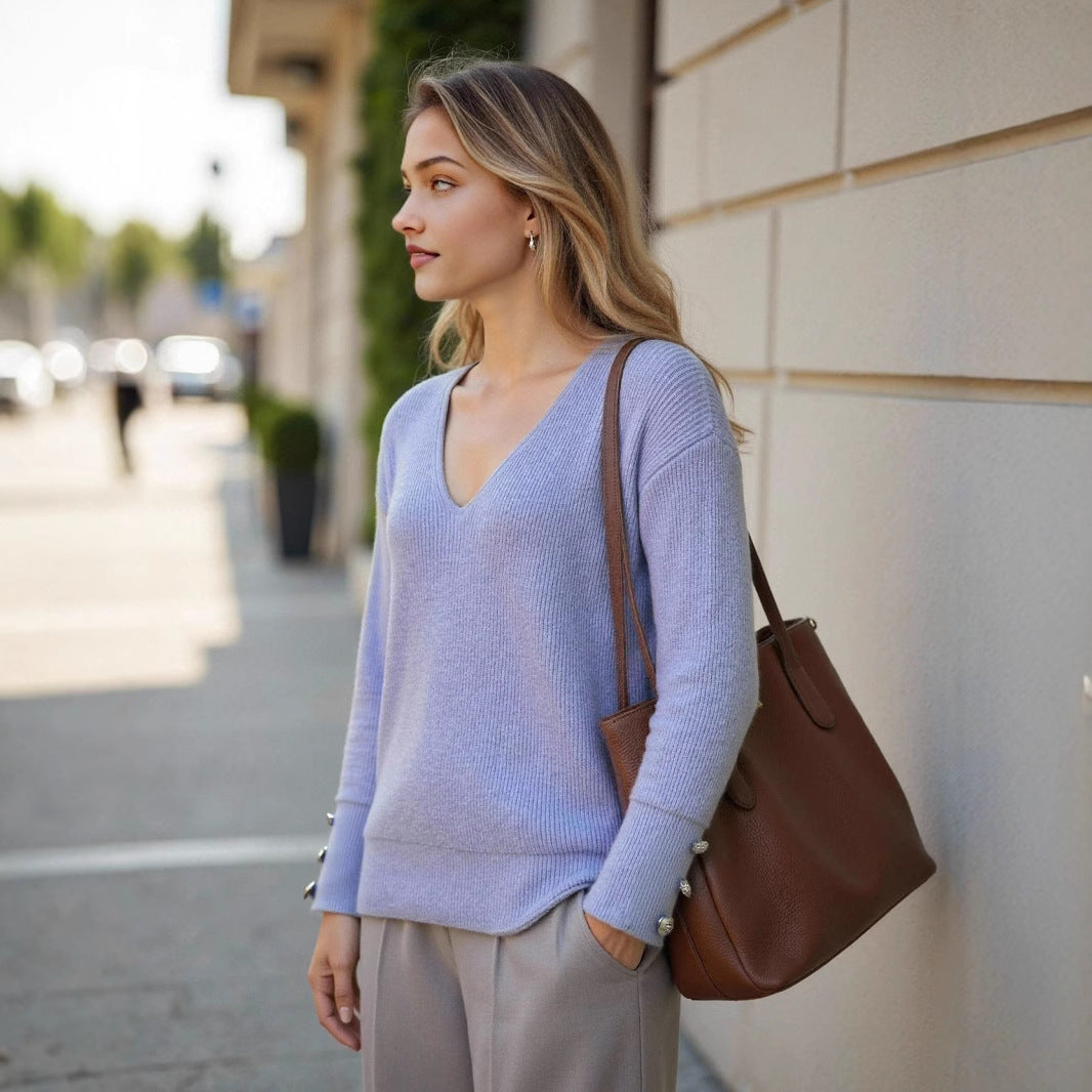 Damen V-Ausschnitt Strickpullover mit dekorativen Knöpfen WW