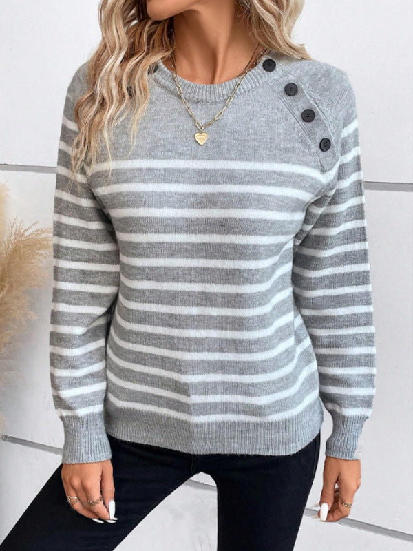 Damen gestreifter Pullover mit dekorativen Knopfdetails und Rundhalsausschnitt WW