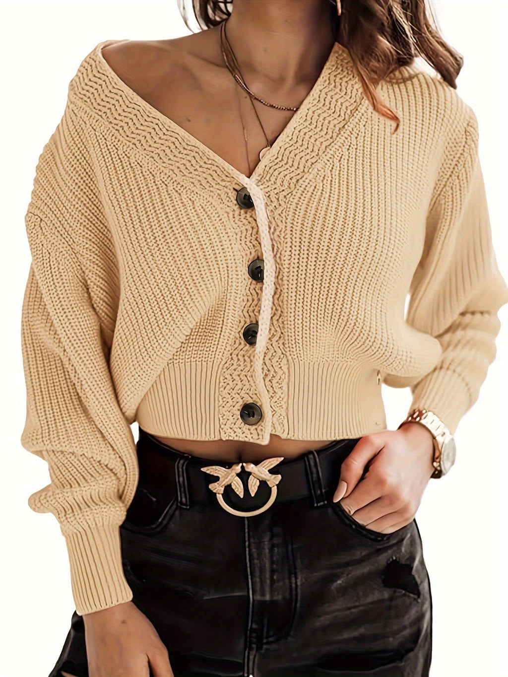 Damen modischer Grobstrick-Pullover mit Knopfleiste und tiefem V-Ausschnitt WW