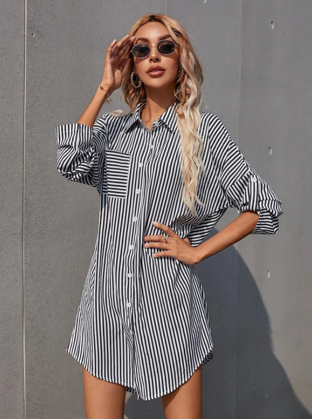 Damen Hemdblusenkleid im lässigen Stil mit Streifenmuster WW