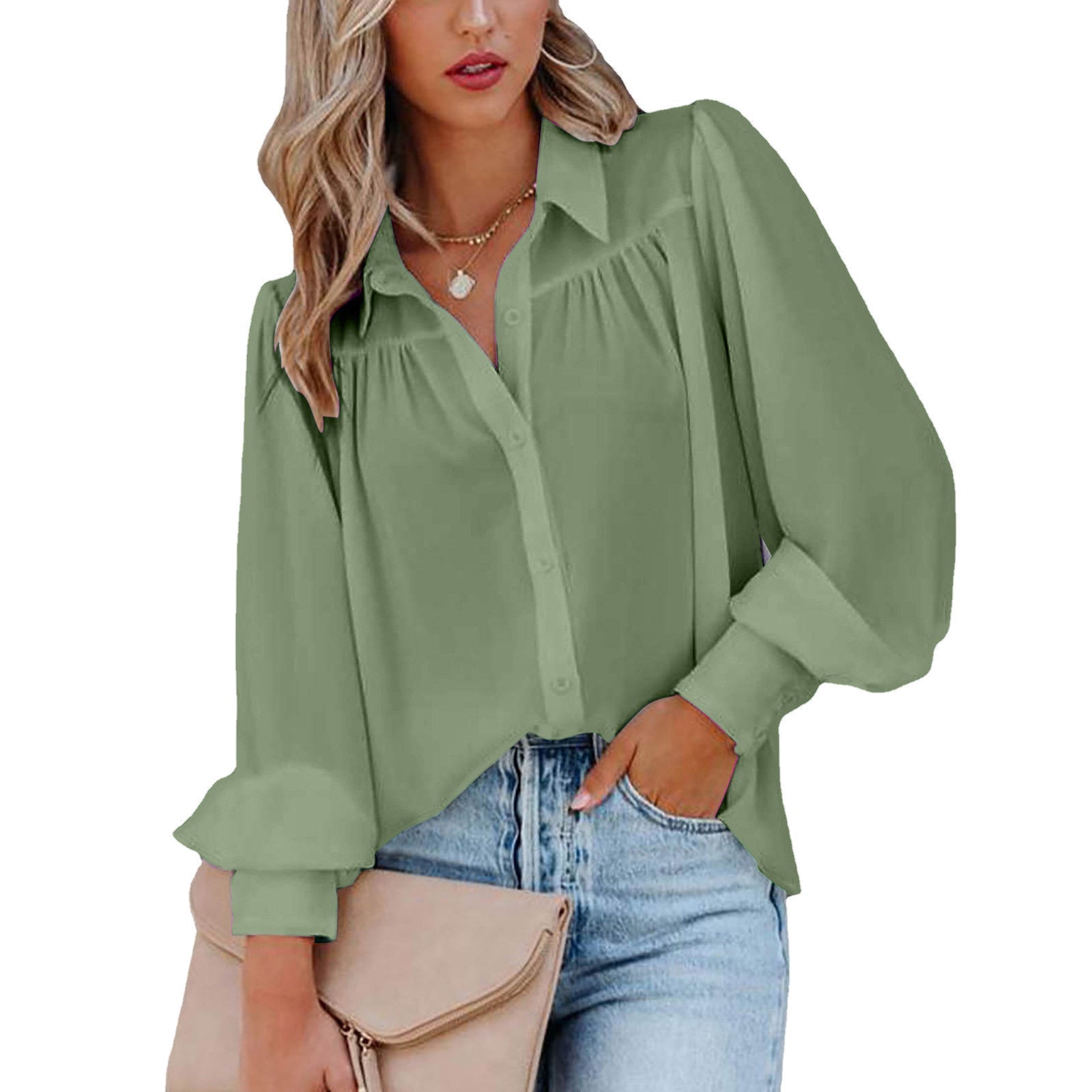 Damen Elegante Bluse mit Puffärmeln und Knopfdetails WW