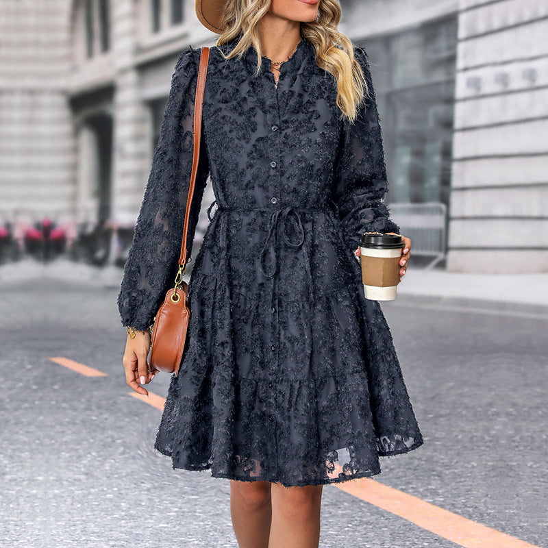 Damen Kleid im romantischen Boho-Stil mit Knopfverschluss und Bindegürtel WW