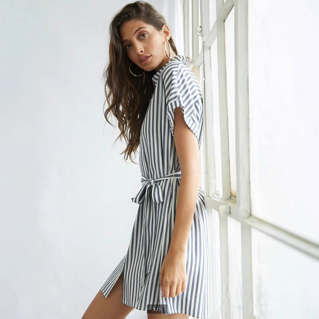 Damen Hemdblusenkleid mit Taillengürtel und modischem Streifendesign WW
