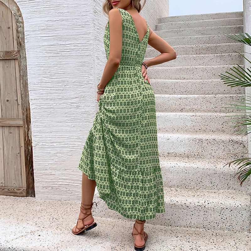 Damen Boho Maxikleid mit bindbarem Taillengürtel und voluminösem Rock WW