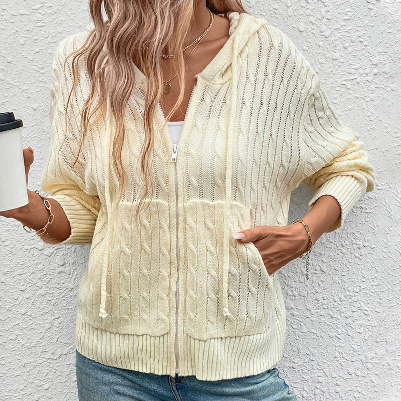 Damen gestreifte Strickjacke mit Reißverschluss und Kapuze WW