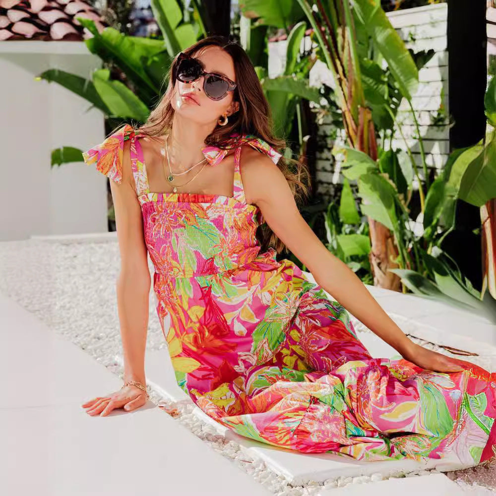 Damen Maxi-Kleid mit floralen Mustern und Trägerdetails WW