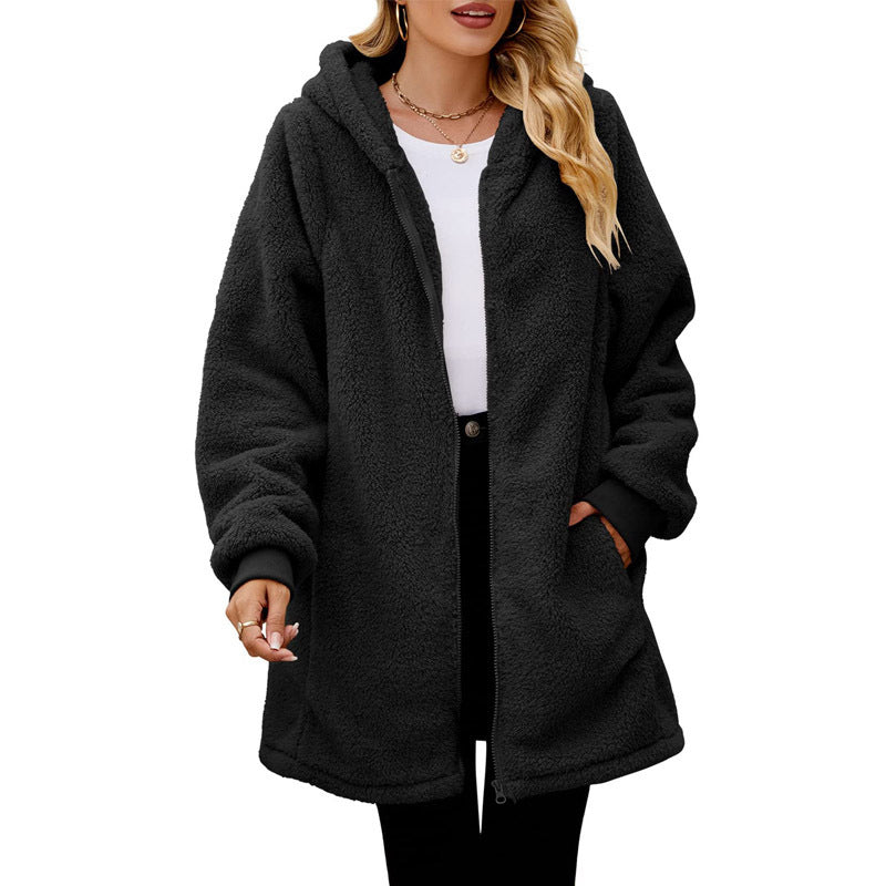 Damen gemütliche Sherpa Fleece Kapuzenjacke WW