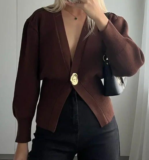 Damen Eleganter und lässiger Cardigan mit tiefem Ausschnitt und Schmuckknopf WW