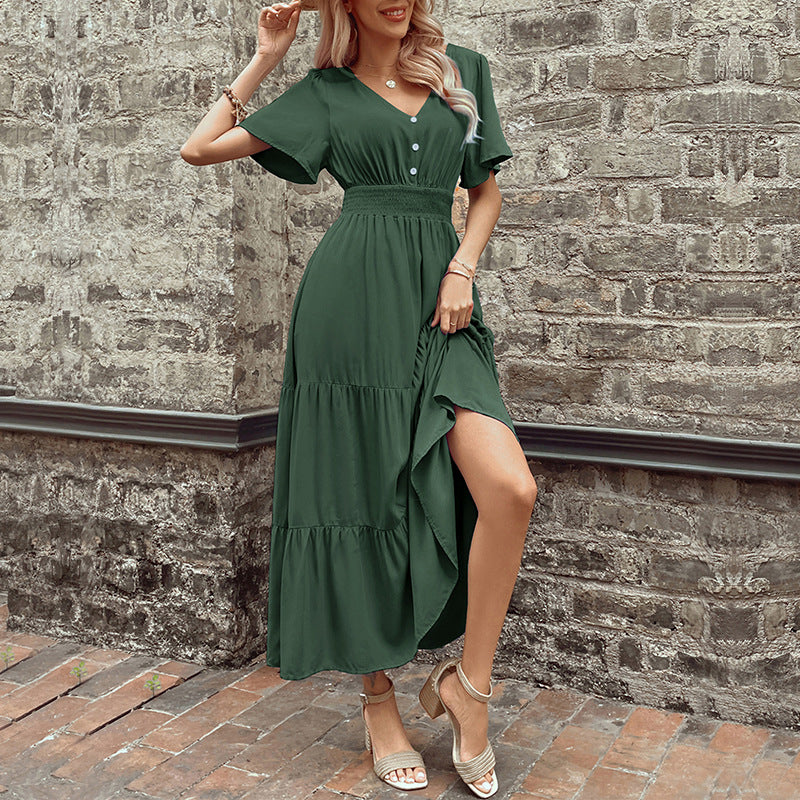 Damen Maxikleid mit V-Ausschnitt und fließendem Rock WW