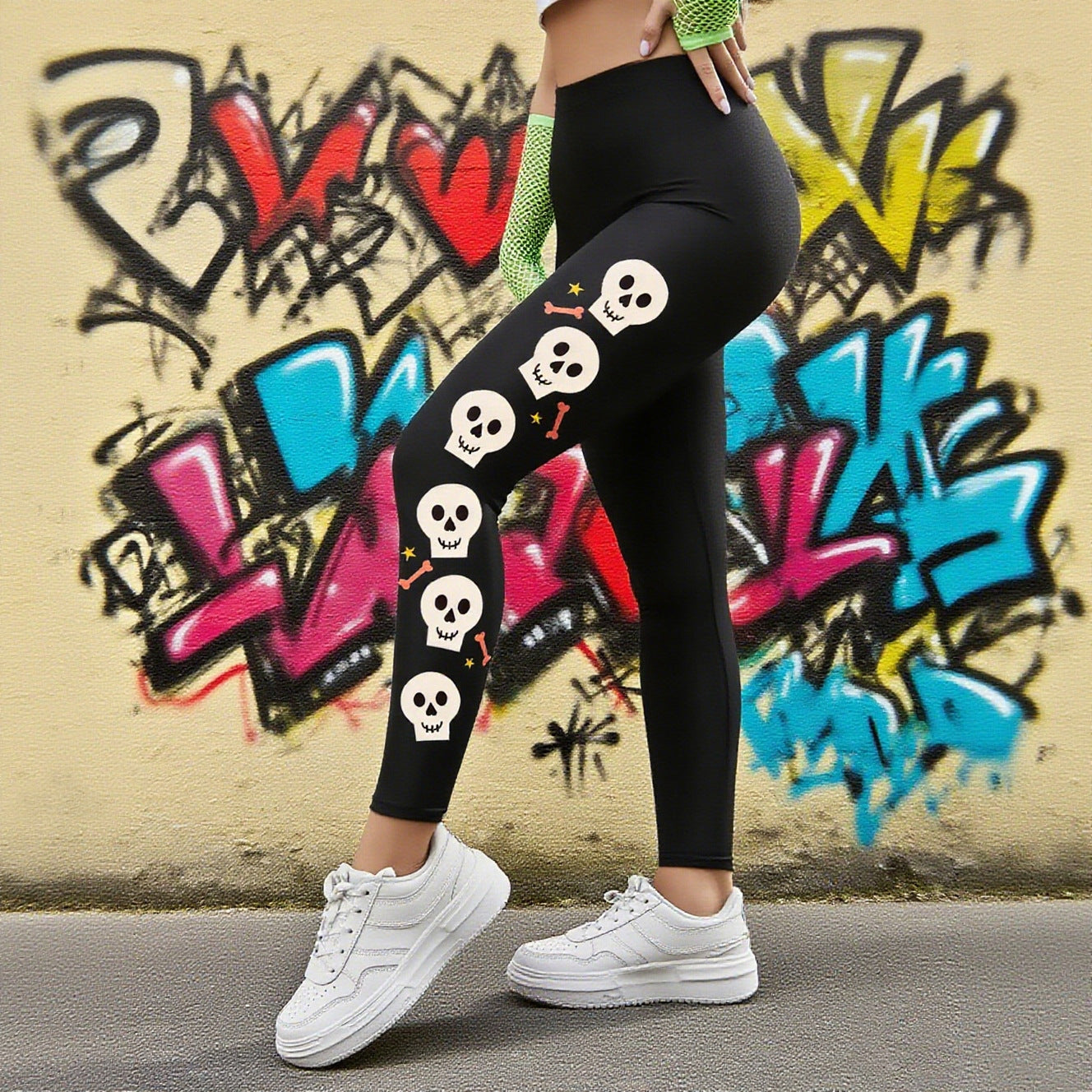 Damen Leggings mit stylischem Totenkopf-Motiv und hohem Bund WW