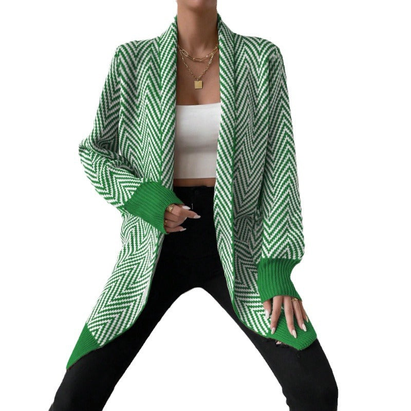 Damen langärmlige Strickjacke im modernen Chevron-Design WW