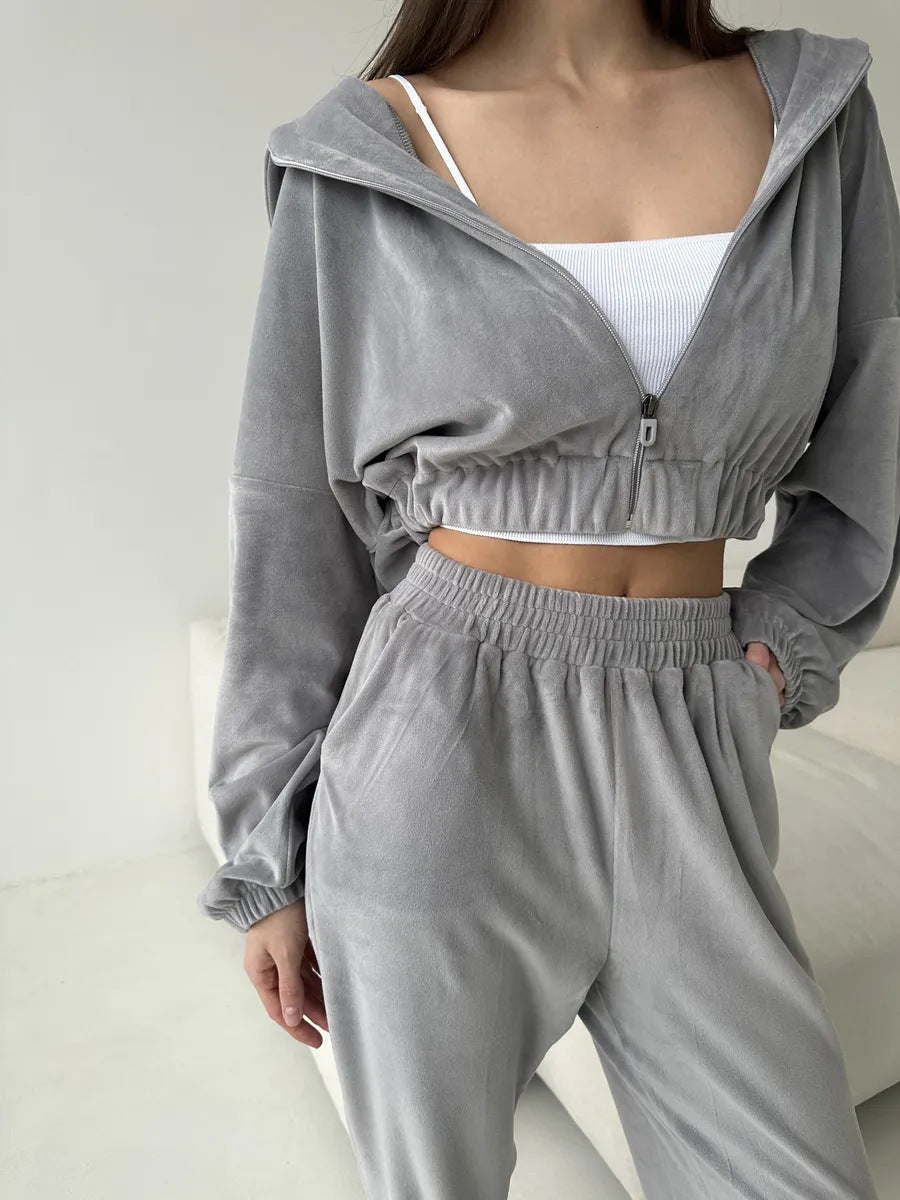 Damen sportliches Fleece Ensemble mit modernem Reißverschluss und elastischem Bund WW
