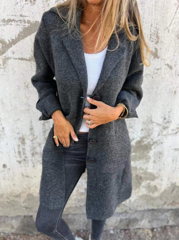 Damen Eleganter Oversize-Wollmantel mit Durchgehender Knopfleiste und Praktischen Taschen WW