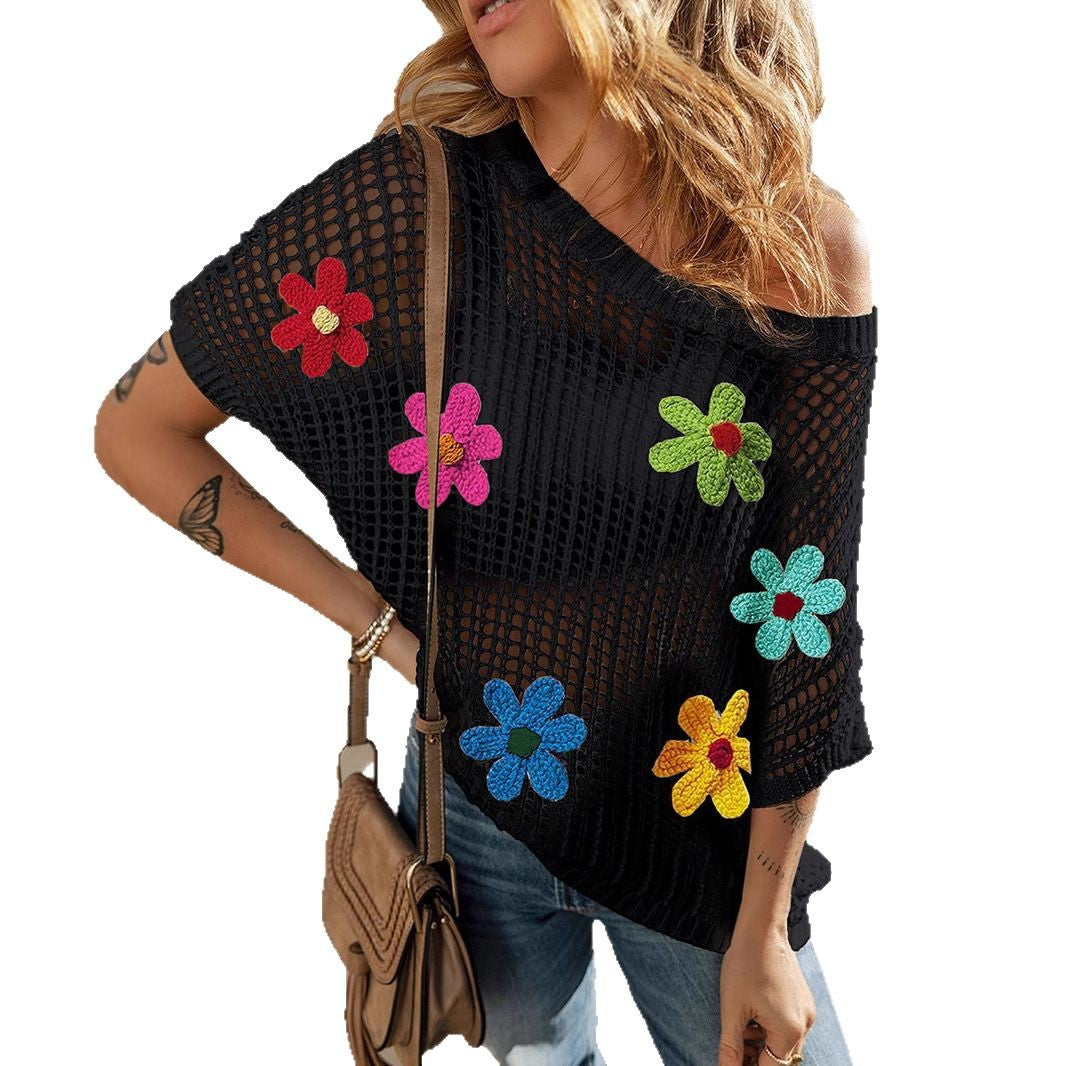 Damen modischer Grobstrick Pullover mit bunten floralen Applikationen WW