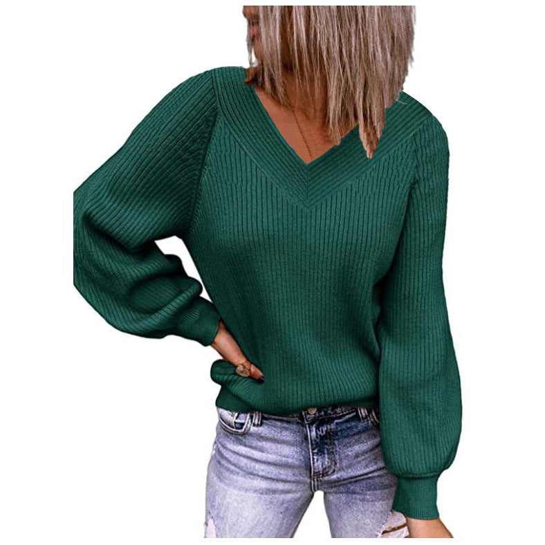 Damen Strickpullover mit V-Ausschnitt und voluminösen Ärmeln WW