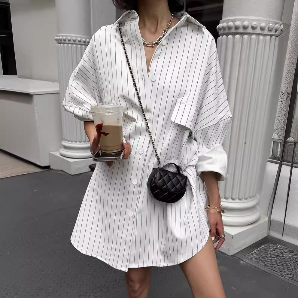 Damen Hemdblusenkleid mit sportlichem Streifenmuster und bequemen Kurzärmeln WW