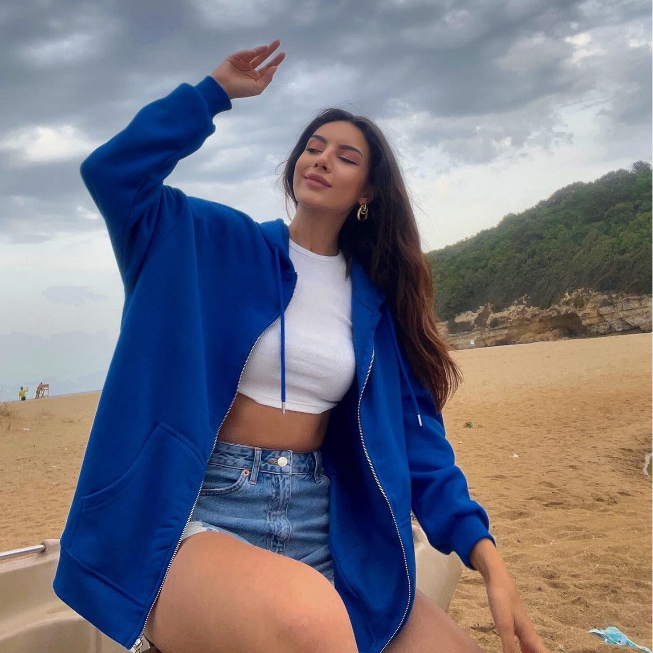 Damen oversized Kapuzenjacke mit durchgehendem Reißverschluss und Taschen WW